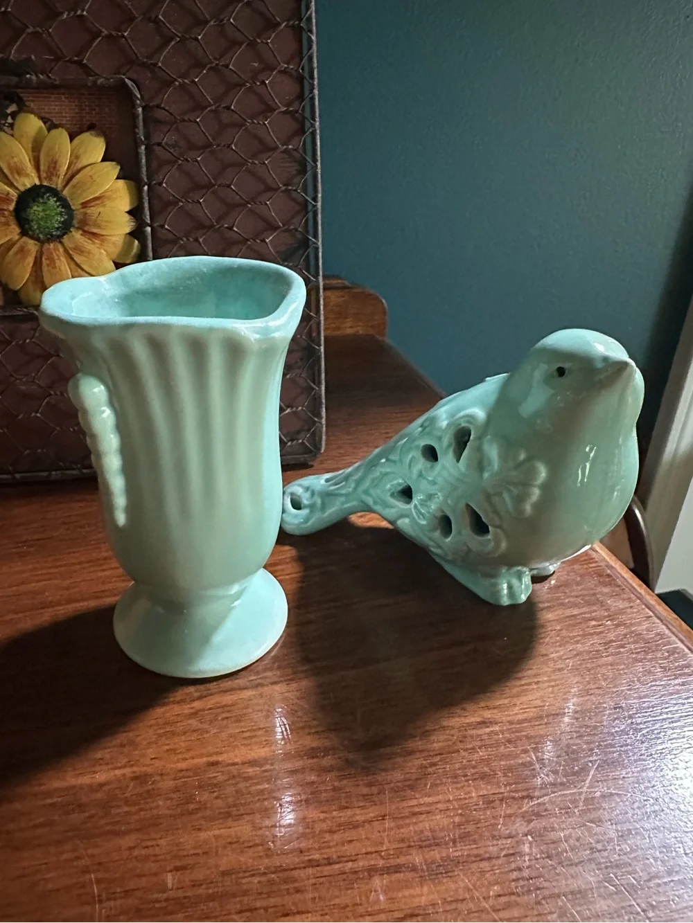 Ceramic Teal Blue Decorative Bird Figurine and Vase Set